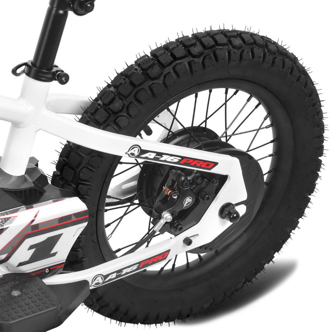 Amped A16 Pro rear wheel and frame showing the rear brake caliper