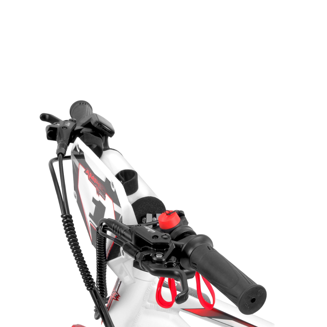 Amped A16 Pro Close-up of a bicycle handlebar with red accents on a white background