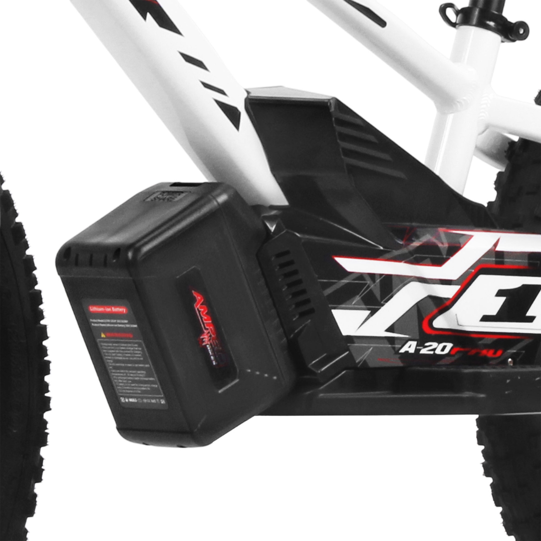 Amped A20 pro Black battery pack attached to a white electric bike with visible branding.