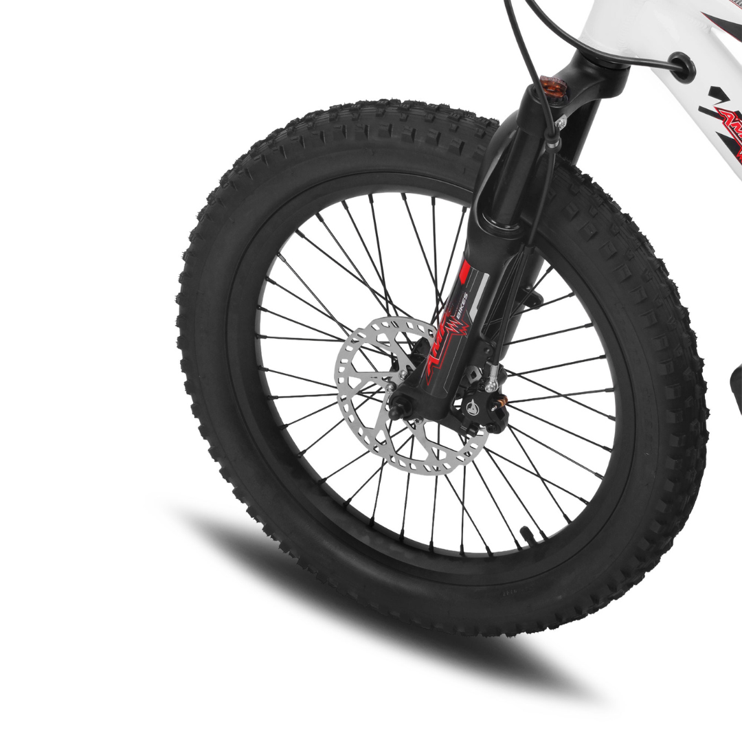 Amped A20 pro close up front wheel suspension and disc brake