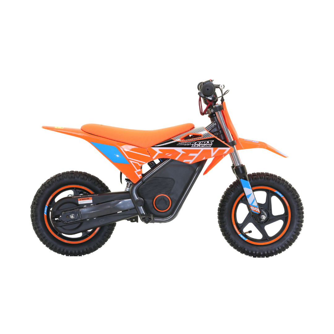 An orange and blue RFN Warrior SX-E400 electric bike designed for kids, with black wheels and seat accents.