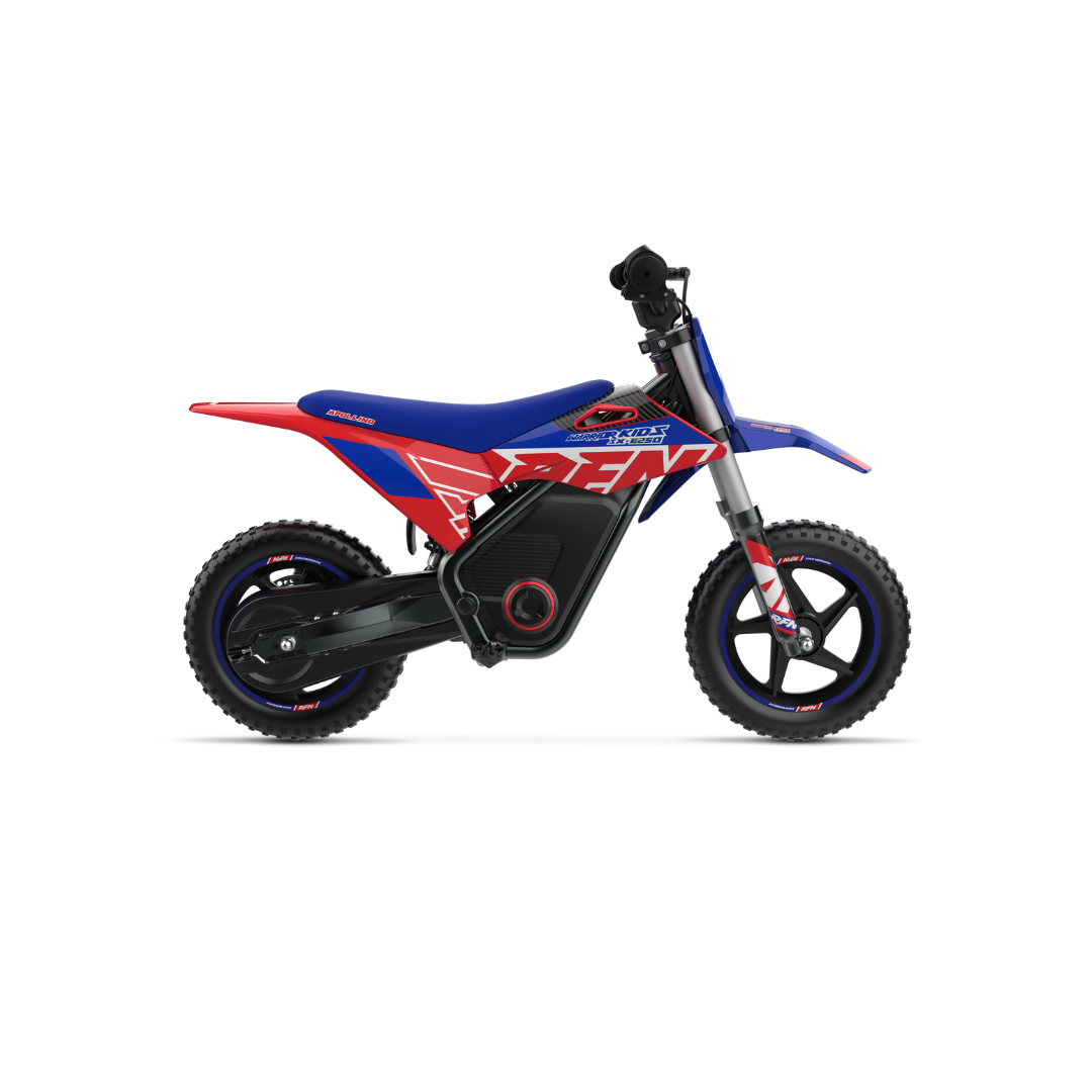 A blue and red RFN Warrior SX-E400 electric bike designed for kids, with a black seat and white handlebars.