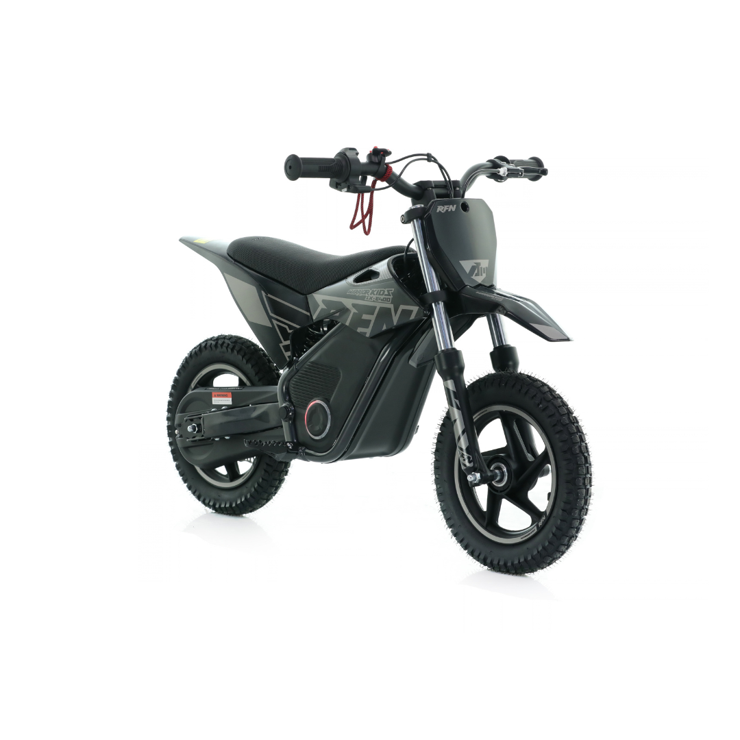 A black and dark gray electric dirt bike with knobby tires, a front suspension fork, and a sleek body, shown from a three-quarters angle on a white background.