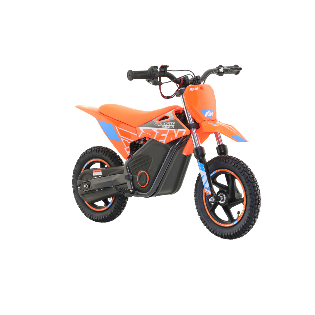 An electric kids' dirt bike in bright orange and black, featuring a step-through frame, knobby tires, and a compact seat, shown against a plain white background.