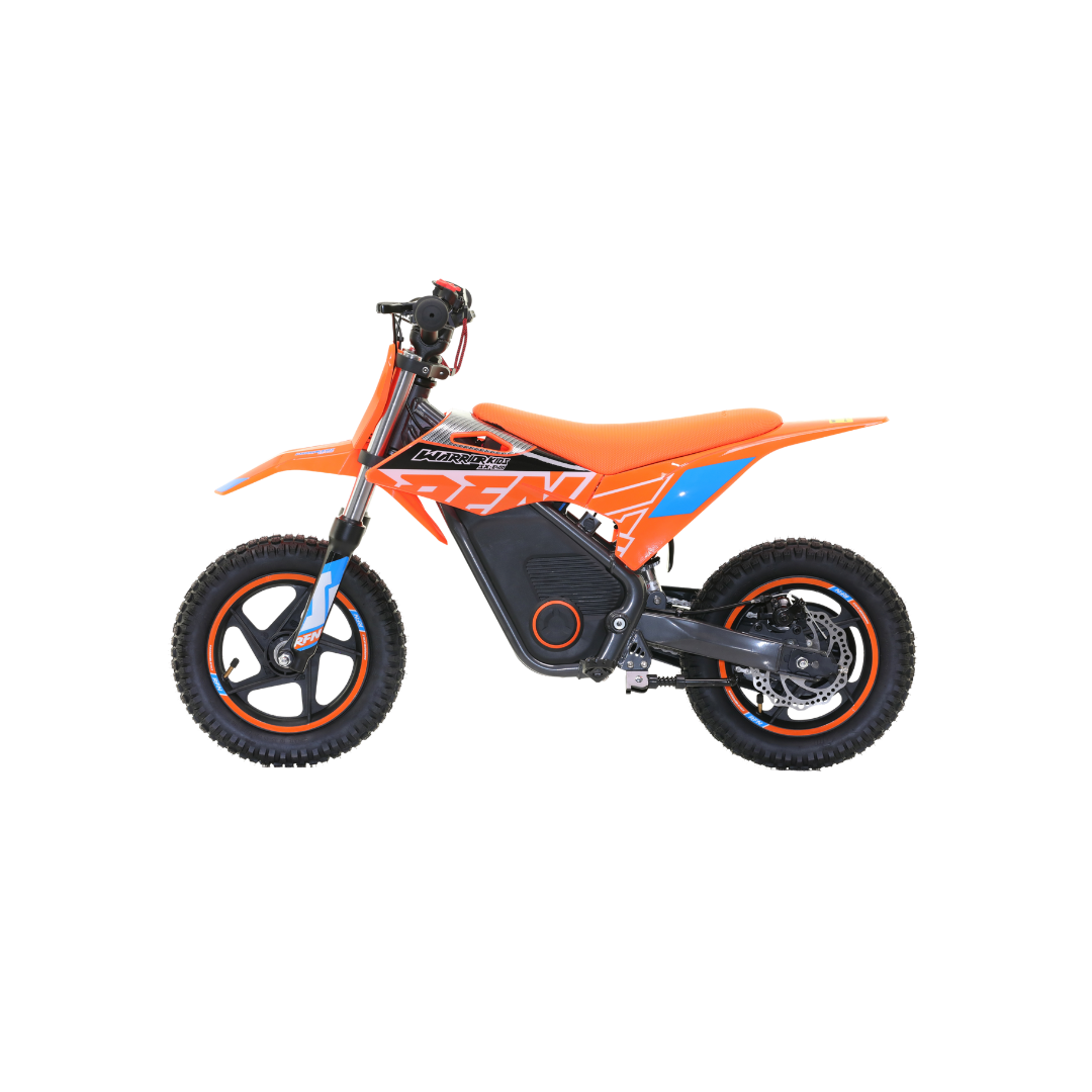 An electric mini dirt bike in orange, black, and blue, shown from a side profile view against a solid white background.