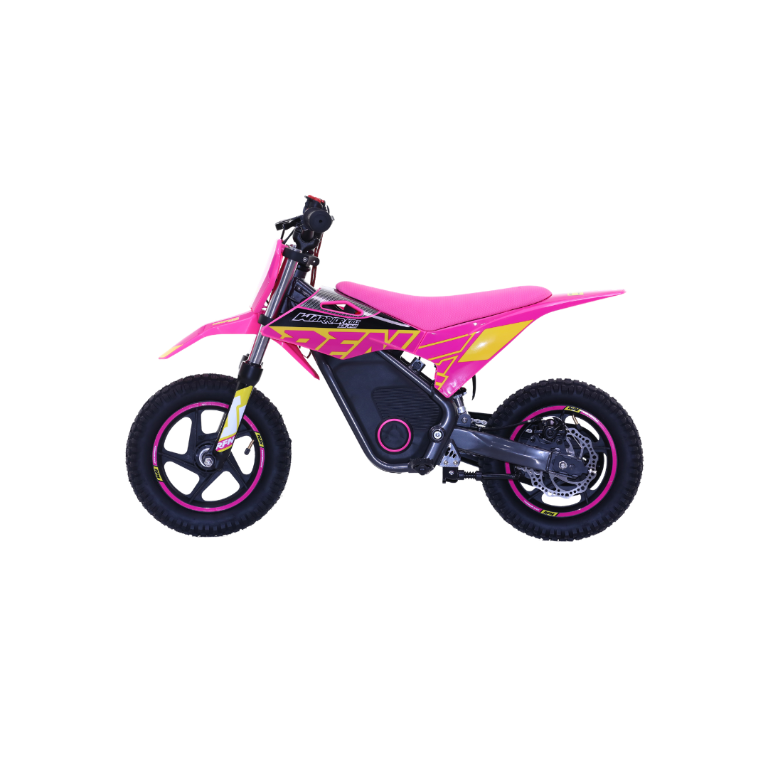 A pink and yellow electric mini dirt bike with black tires, shown from a side profile on a solid white background.