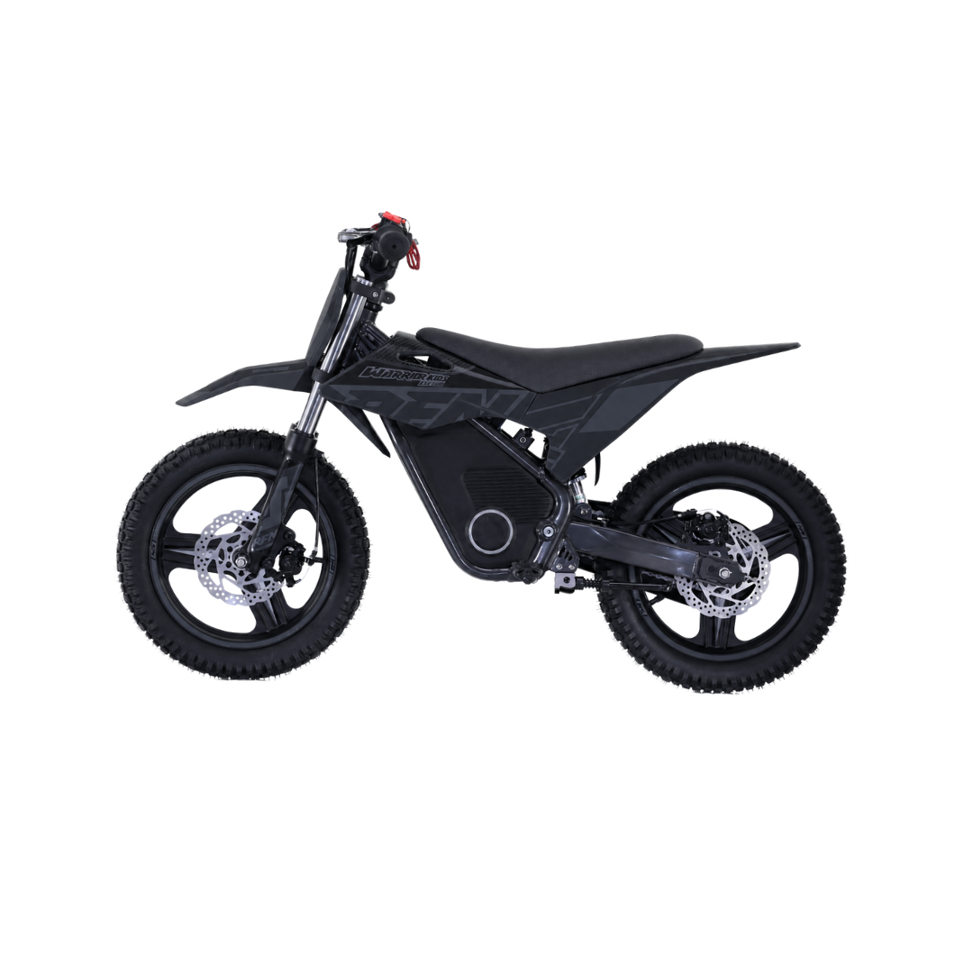 A black electric dirt bike with knobby tires, disc brakes, and a compact body, shown from a side profile on a solid white background.