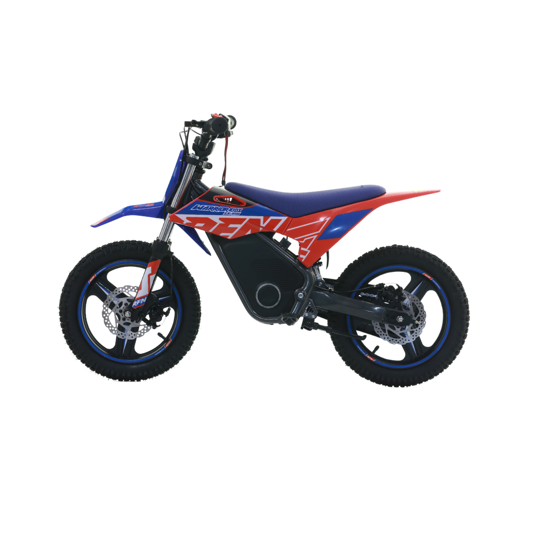 A small electric dirt bike with a blue and red body, black seat, and black knobby tires, shown from a side profile on a white background.