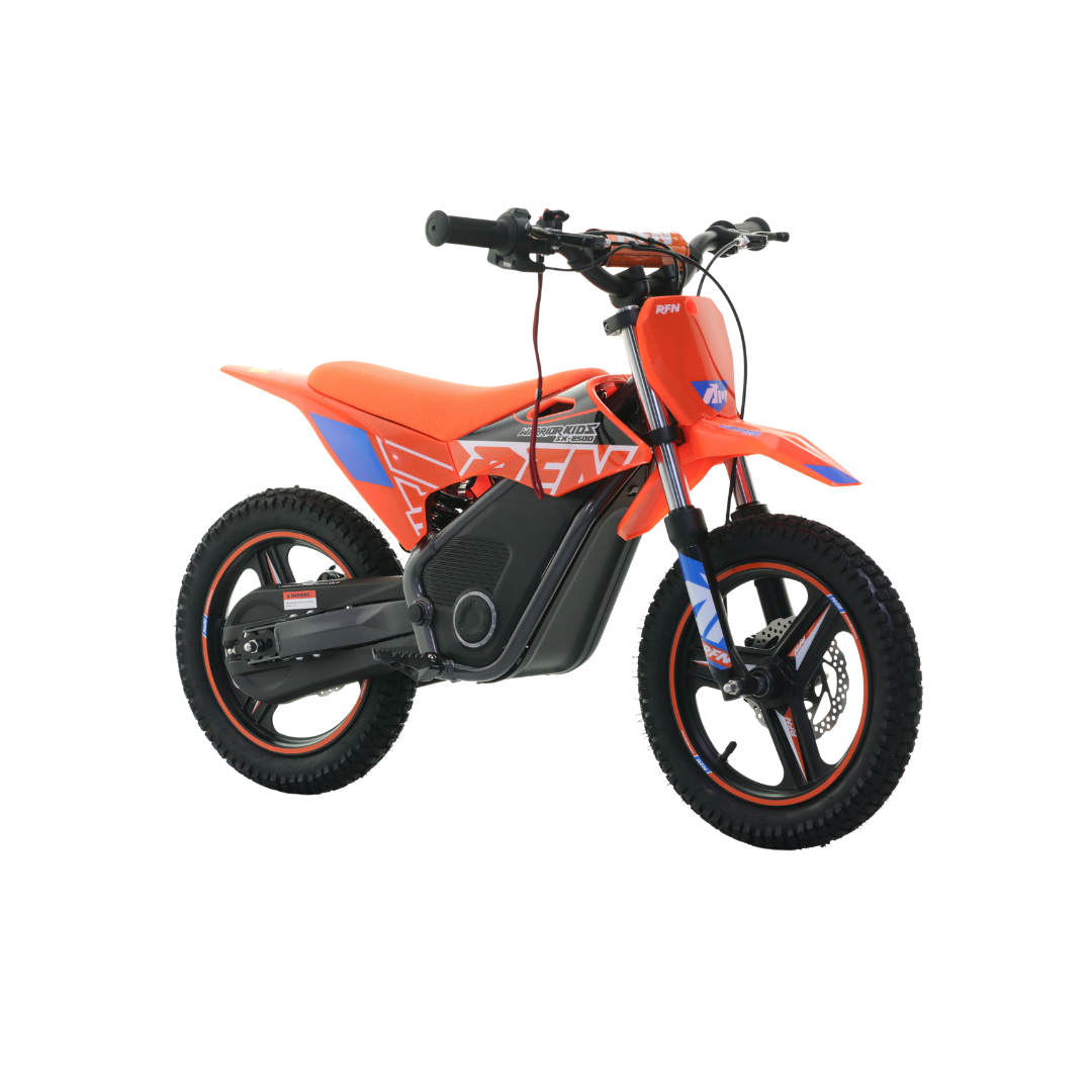 An electric dirt bike for kids in bright orange, black, and blue, shown from a three-quarters angle on a solid white background.