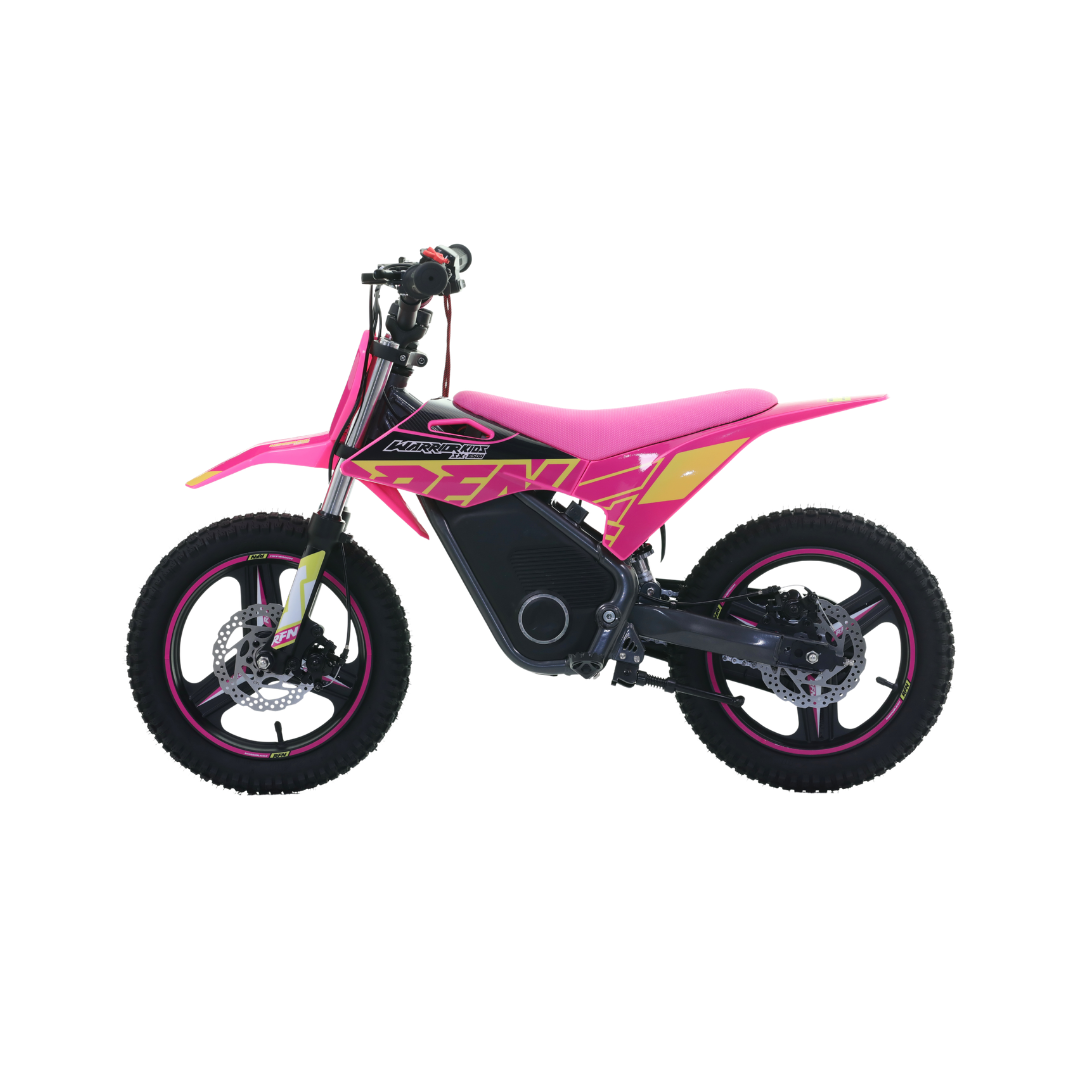 A pink and black electric dirt bike with yellow and white graphics, featuring knobby tires and a black battery pack mounted in the frame, shown against a plain white background.