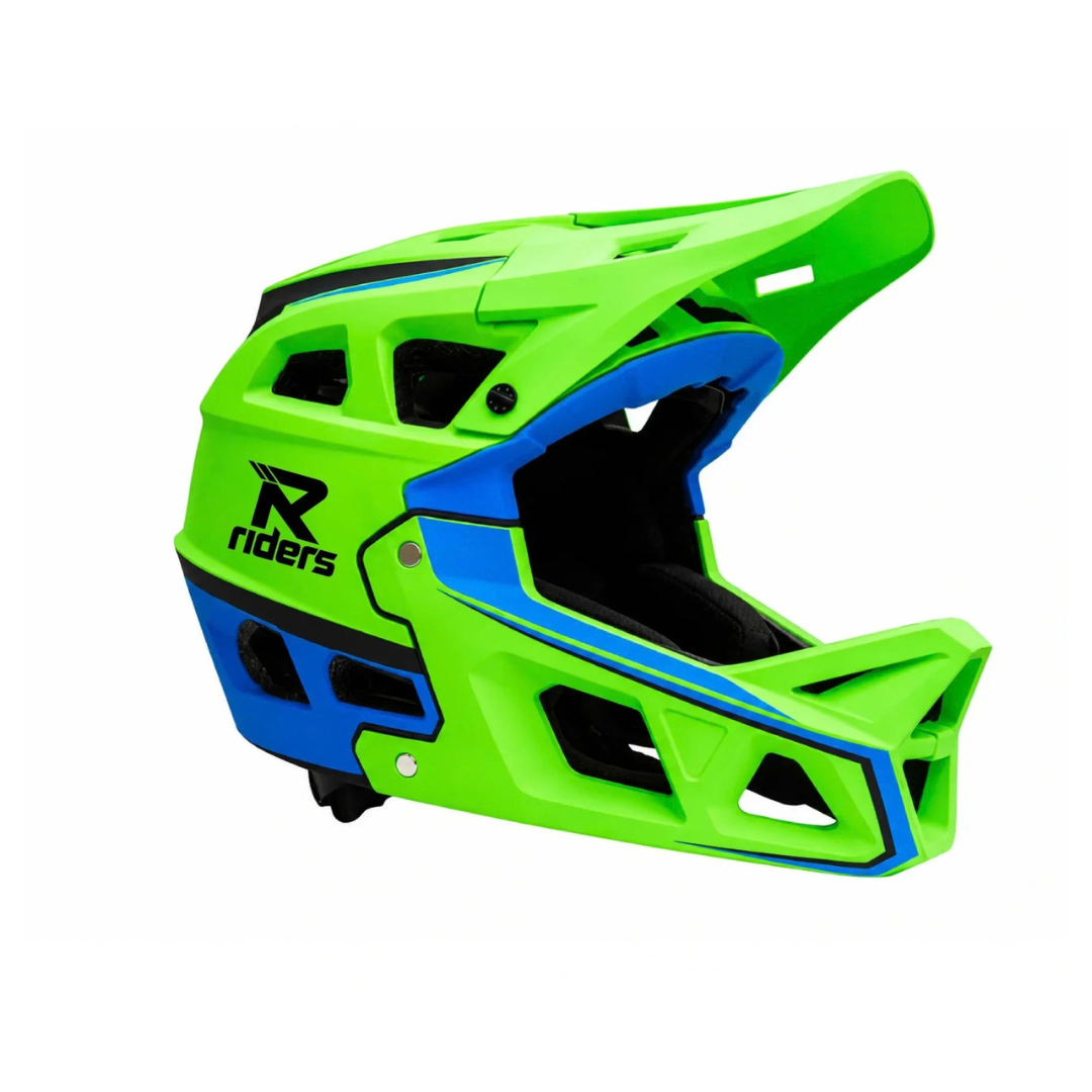 A full-face mountain bike helmet in bright lime green and blue, featuring a black interior padding and a black Riders logo on the side, set against a plain white background.