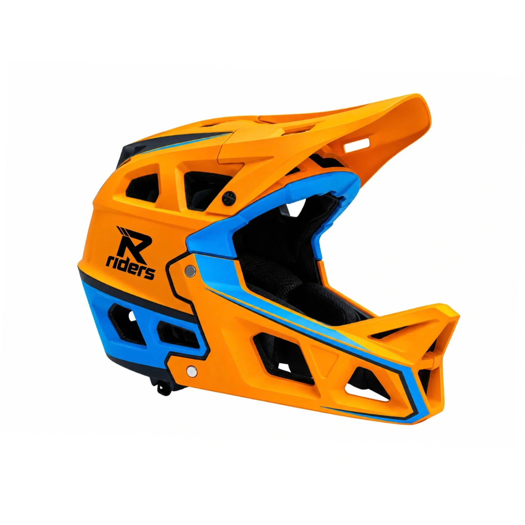 A full-face mountain bike helmet in bright orange and blue, featuring a black visor and interior padding, with the 'Riders' brand logo printed on the side, set against a plain white background.