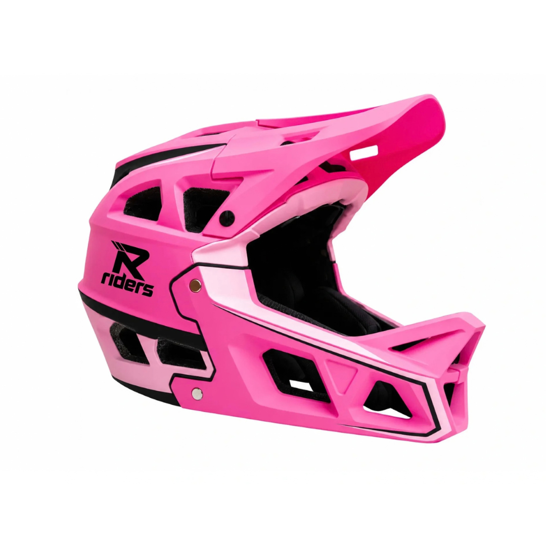 A bright pink full-face mountain bike helmet with black accents and the Riders logo on the side, shown against a plain white background.