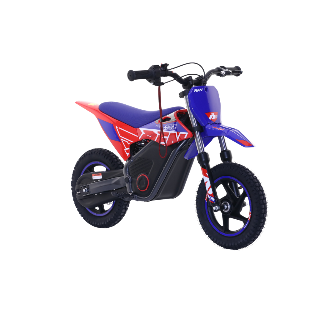 A small electric dirt bike with a blue, red, and black color scheme, featuring knobby tires and a central battery pack, shown on a plain white background.