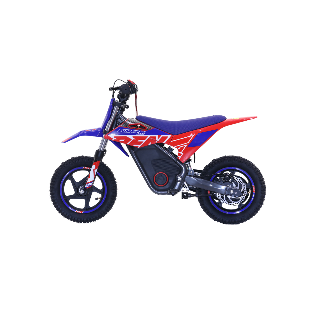 A small electric dirt bike with a blue, red, and white color scheme, featuring a purple seat and black knobby tires, shown from a side profile on a white background.