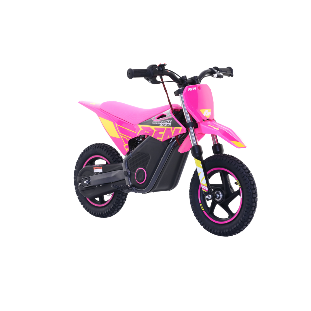 A pink and black electric kids' dirt bike with yellow graphic accents, shown from a three-quarters angle on a solid white background.