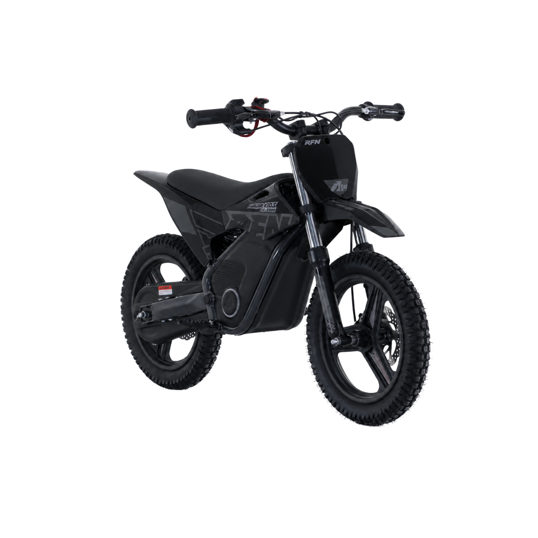 A black electric dirt bike with knobby tires, a black seat, and visible front suspension, photographed on a plain white background.