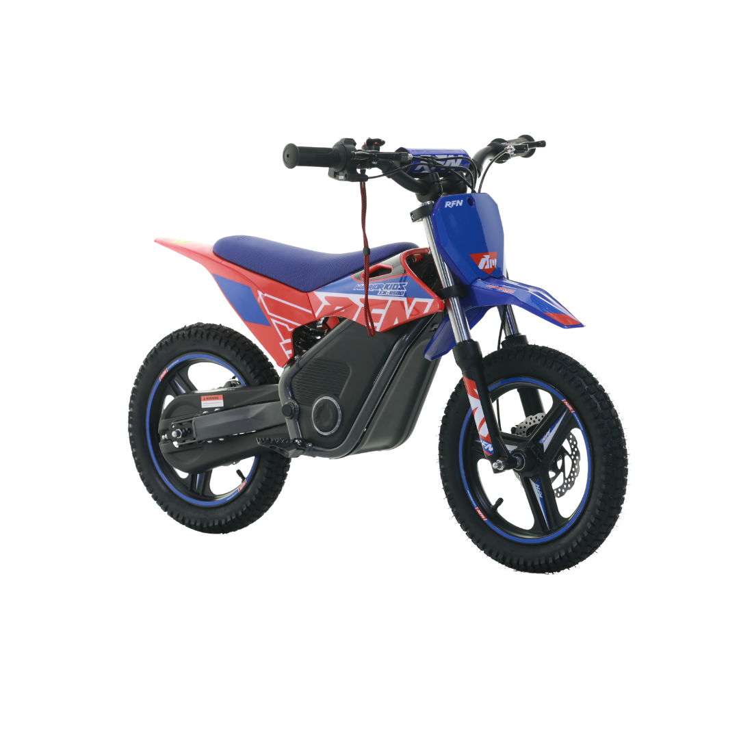 A blue and red electric dirt bike with black tires and handlebars, shown from a three-quarters angle on a plain white background.