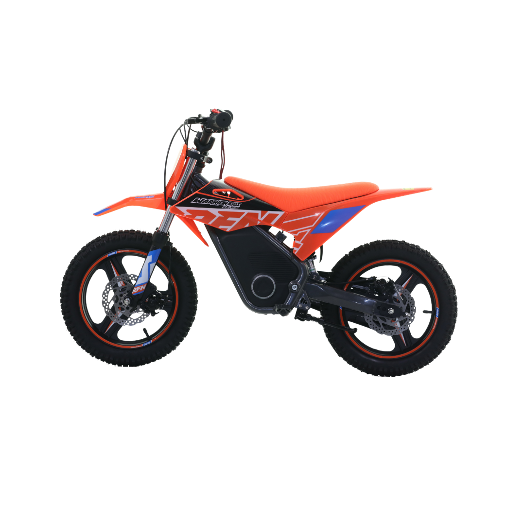 An electric dirt bike with a bright orange body, black seat and wheels, and blue accents, shown from a side profile on a white background.