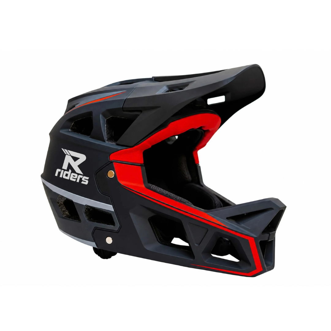 A full-face mountain bike helmet in matte black with vibrant red accents and a white 'Riders' logo on the side, shown against a plain white background.