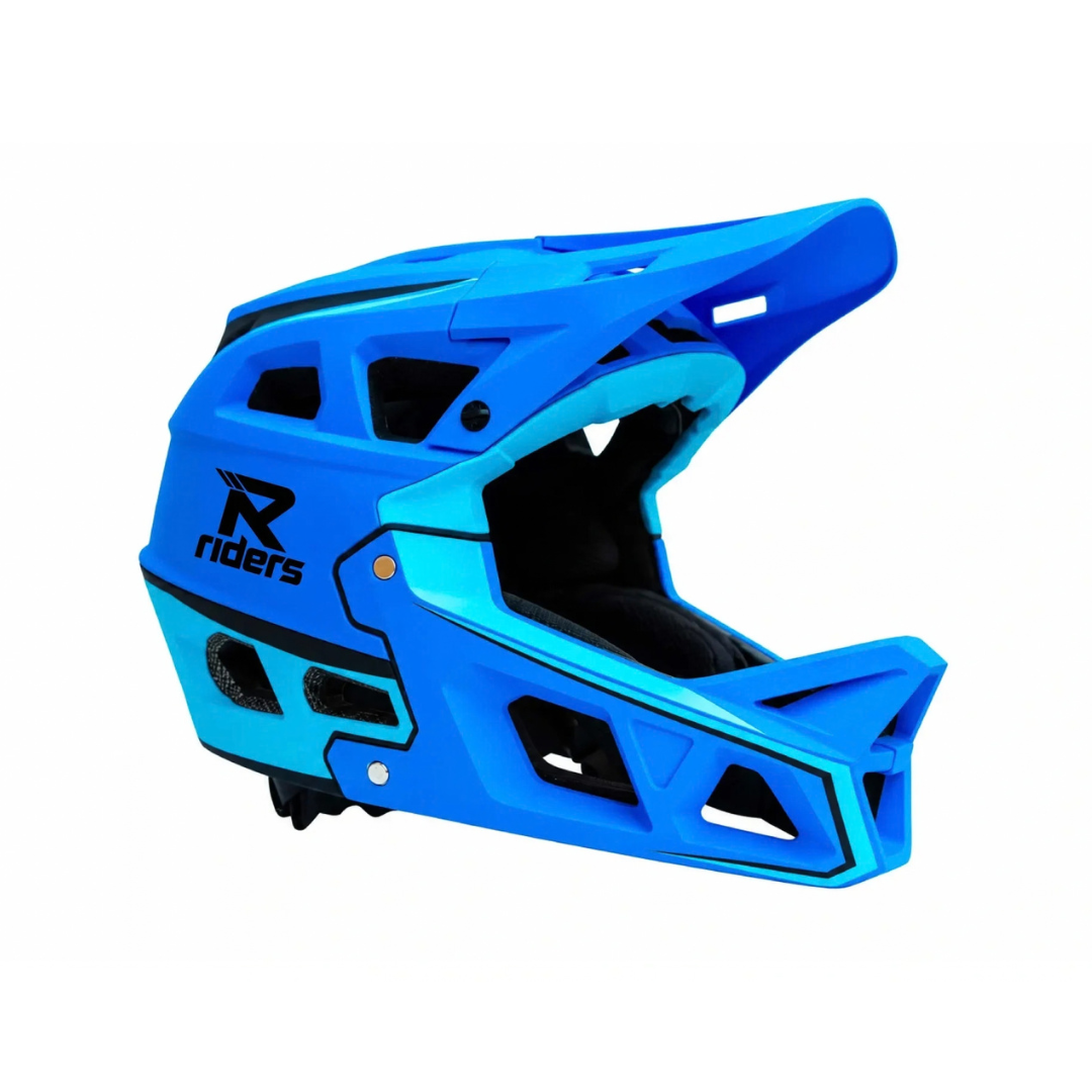 A bright blue full-face mountain bike helmet with a matching visor, featuring black and light blue accents, a black interior, and the 'Riders' logo on the side, set against a plain white background.