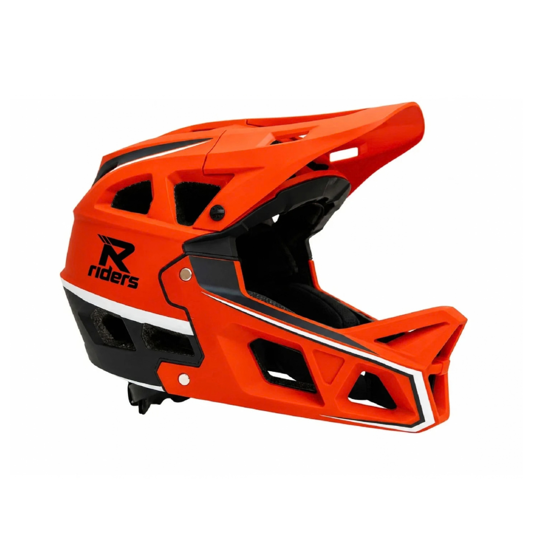 Bright orange full-face mountain bike helmet with black and white accents, featuring a prominent black 'Riders' logo on the side, shown against a plain white background.